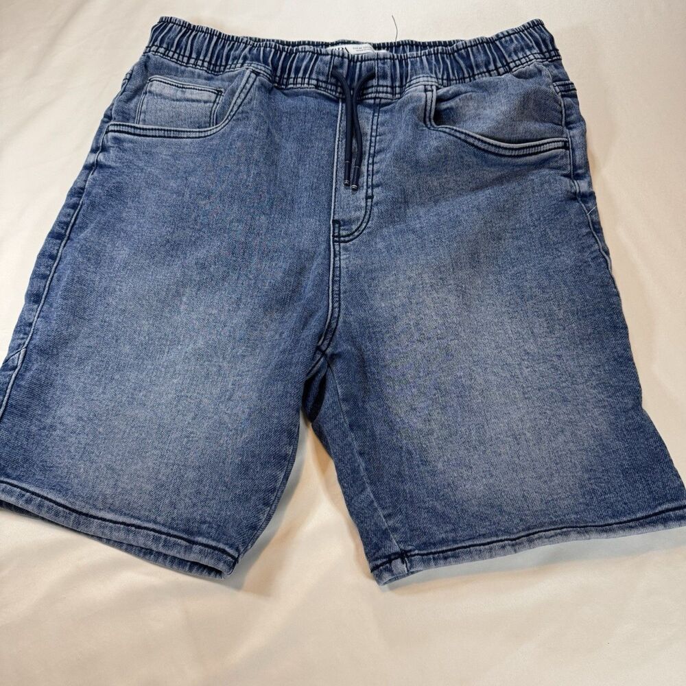 Zara Men’s Acid Wash Denim Jogger Shorts Blue Drawstring Size M 31